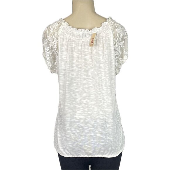 Decree L Cream Heather Shirred Scoop Neck Drawstring Hem Short Lace Sleeve Top - Picture 4 of 6